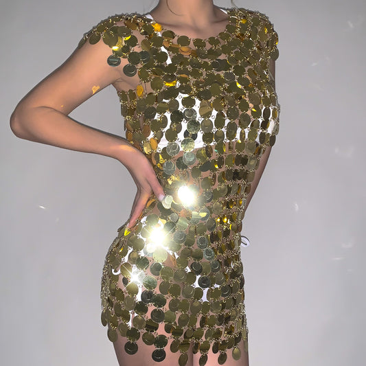 Sequin Layered Cutout Dress Disc Body Chain