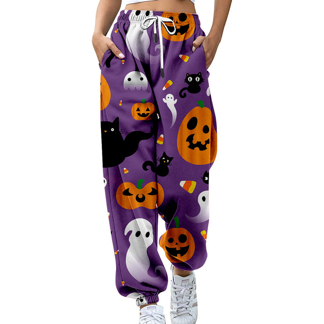 Joggers casuales de cintura alta con cordón para mujer de Halloween