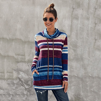 Mid Length Multicolor Stripe Pocket Ladies Pullover Hoodie