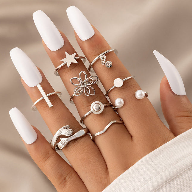 Flower Star Hand Pearl Rhinestone Nine-piece Ring Set