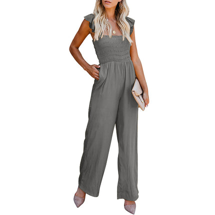 Wholesale Women's Solid Color Loose Casual Ruffle Strap Jumpsuit