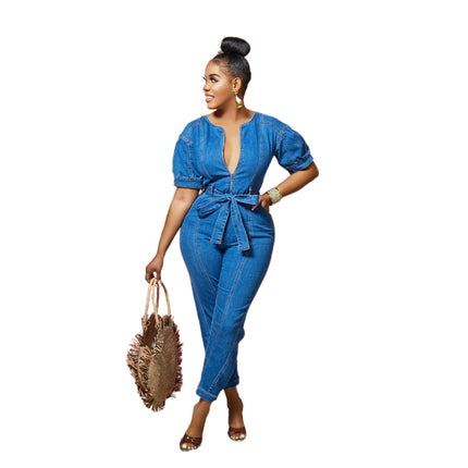 Wholesale Women's Casual Fashion Washed Blue Denim Jumpsuit