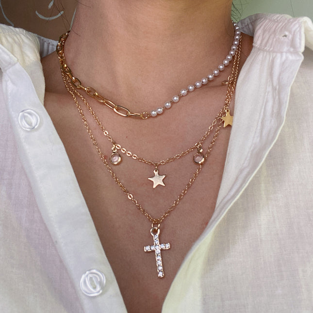 Collar De Perlas Cruzadas De Diamantes De Imitación De Estrella al por mayor