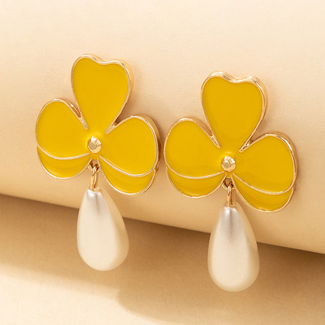 Rhinestone Pearl Love Drop Oil Flower Beaded Stud Earrings