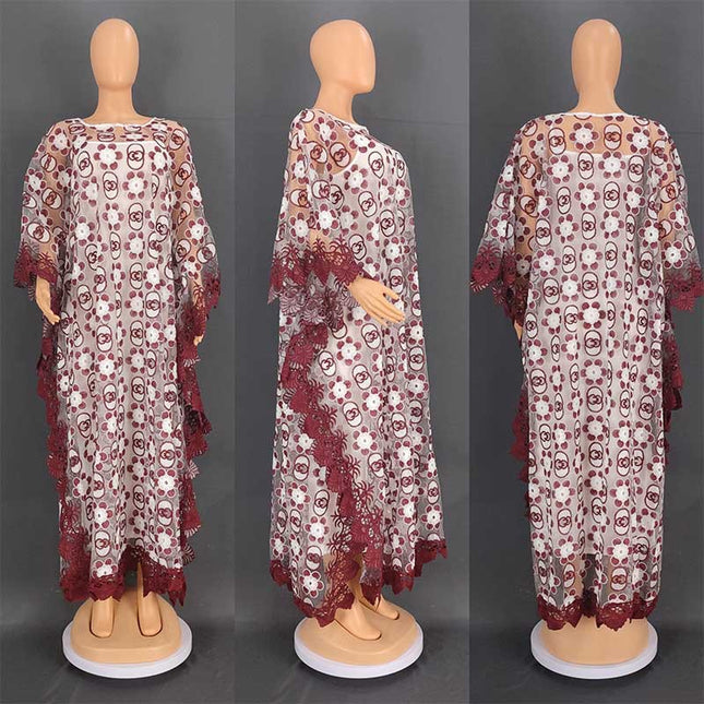 Wholesale African Muslim Women's Embroidered Mesh Robe Suspender Dress Two Piece Set