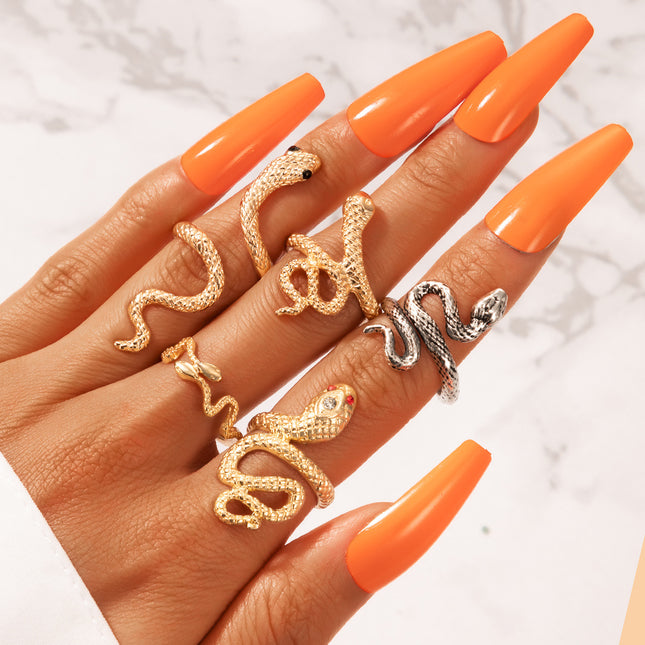 Set of 5 Gold and Silver Snake Rings