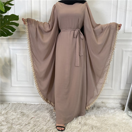 Bata de manga larga con lazo suelto y costura de encaje para damas musulmanas