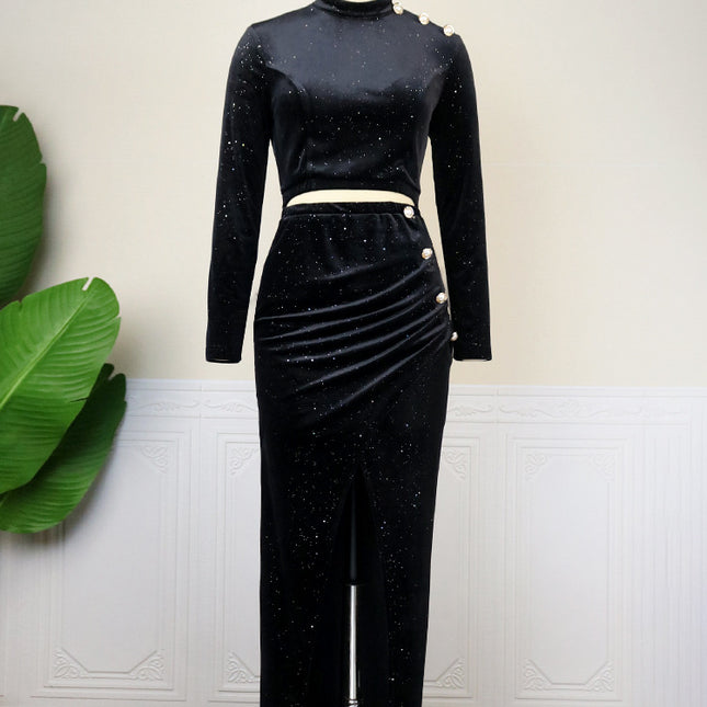 Ladies Autumn Stand Collar Fake Two-piece Slit One Step Dress