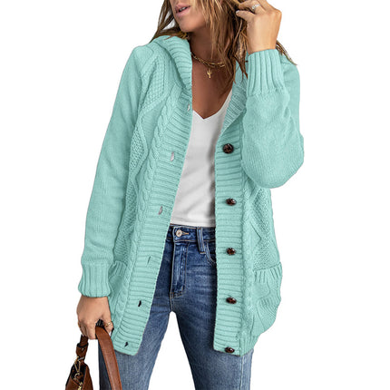 Wholesale Women's Mid-length Button Solid Color Twist Hooded Cardigan Sweater