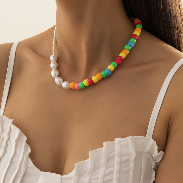 Shaped Pearl Clavicle Necklace Colorful Beaded Necklace