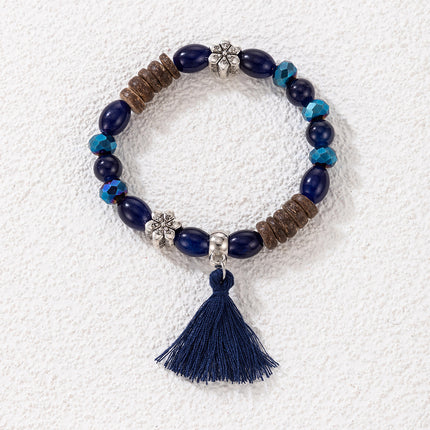 Sapphire Blue Beaded Tassel Vintage Flower Single Layer Bracelet