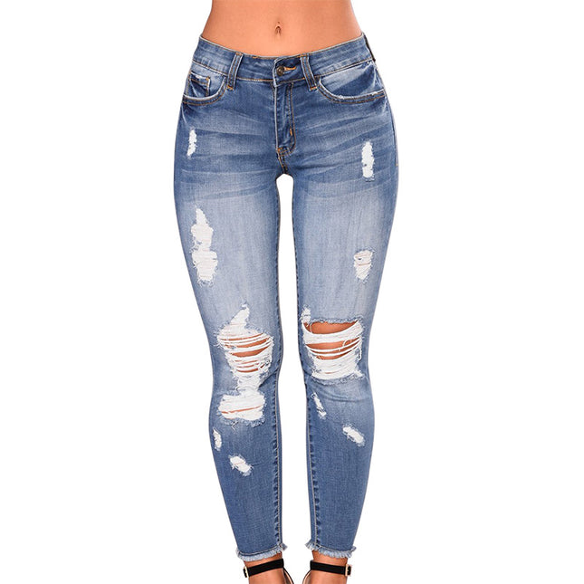 Wholesale Ladies Stretch Washed Ripped Pencil Jeans Nine Pants