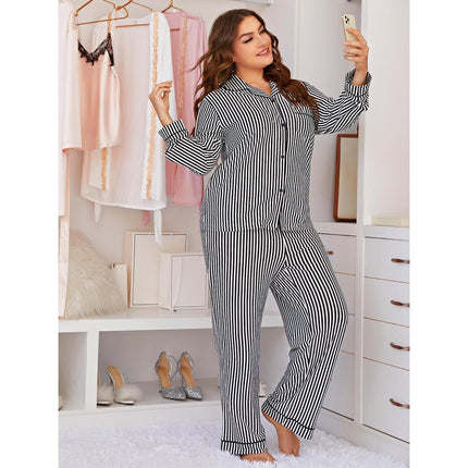 Wholesale Ladies Large Size Pajamas Striped Long Sleeve Casual Homewear Two-piece Set
