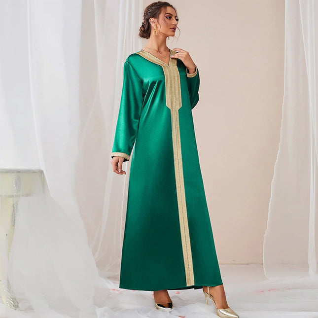 Muslimisches Herbst-Nahost-Dubai-V-Ausschnitt-Damen-langes Kleid