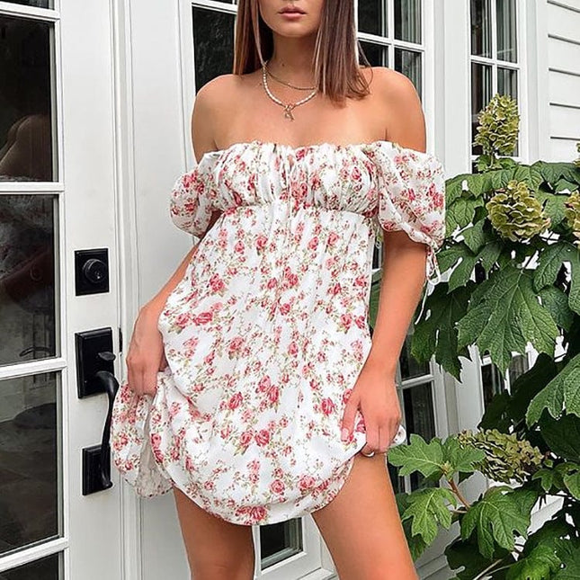 Women's Summer Sexy Fashion Floral Backless Puff Sleeve Short Dress