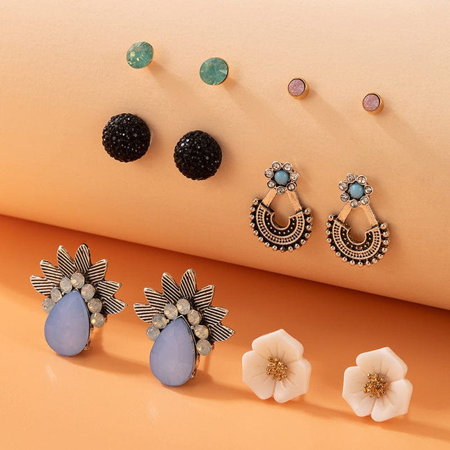 Pendientes de botón de diamantes de imitación con gota de agua de flor vintage de seis piezas