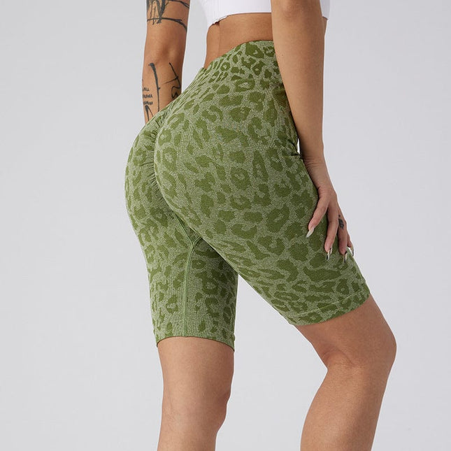 Pantalones cortos deportivos de yoga con estampado de leopardo y cintura alta para mujer