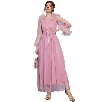 Wholesale Women's V-Neck Long Sleeve High Waist Appliquéd Long Lace Dress