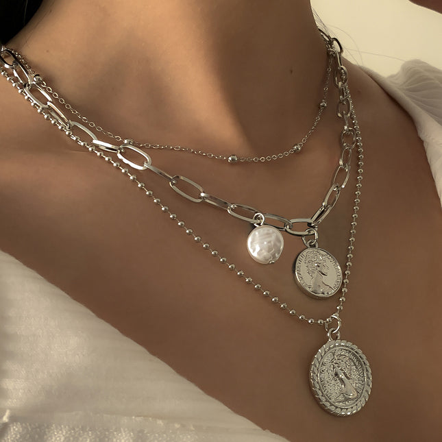 Geometric Pearl Thin Chain Queen's Head Tag Necklace