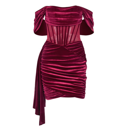 Fishbone Velvet Strapless See-Through Pleated Hip Short Dress