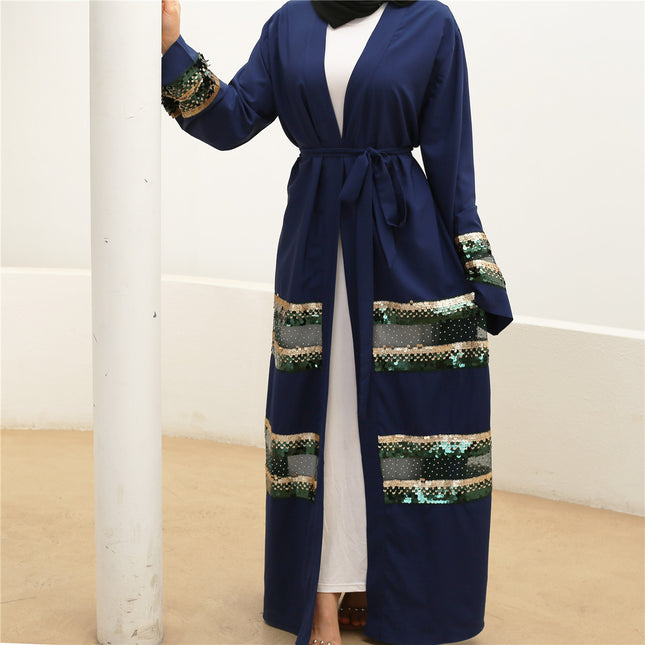 Muslim Abaya Sequin Panel Dubai Turkish Cardigan Robe