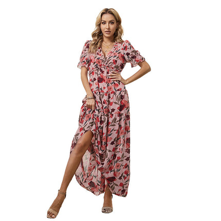 Wholesale Women's Printed Deep V Neck Ruffle Puff Sleeve Floral Dress