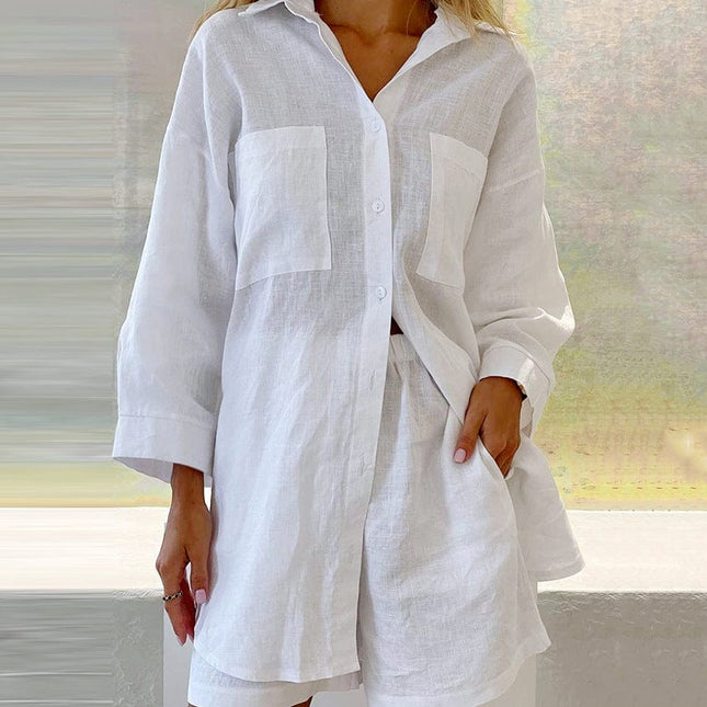 Pantalones cortos Conjunto de camisa de lino de algodón casual simple Conjunto de dos piezas