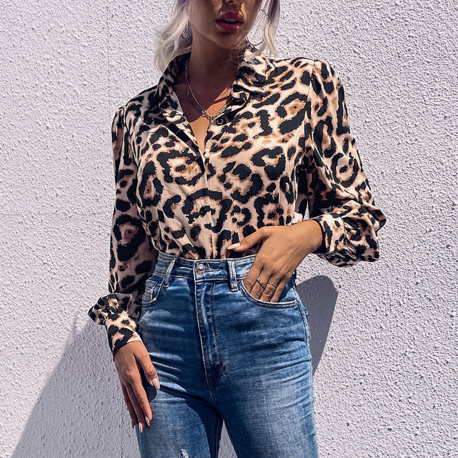 Damen Herbst Langarm Revers Leopard Shirt