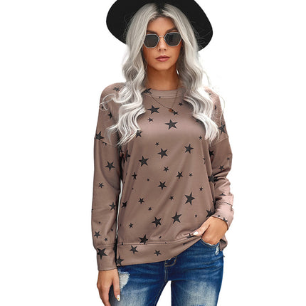 Star Print Round Neck Long Sleeve Casual Pullover Top