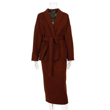 Wholesale Women's Wool Thick Loose Slim Coat Wrap Skirt Two Piece Set