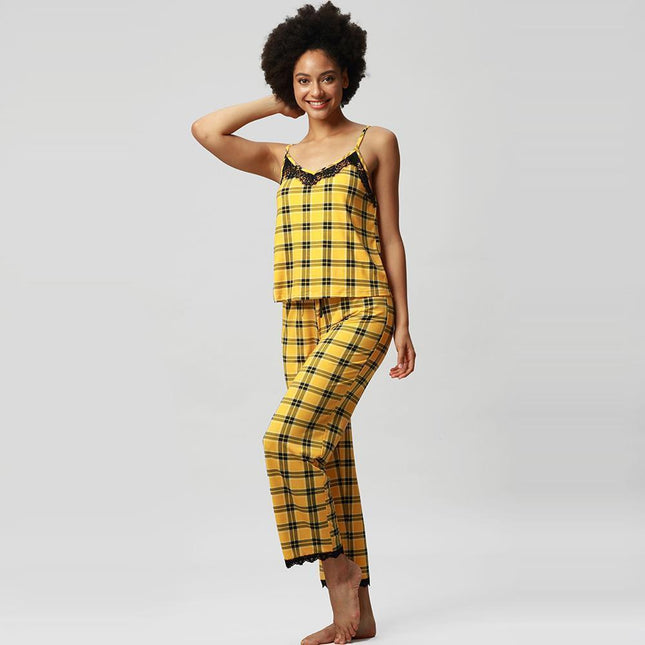 Loungewear Pyjama-Set mit rückenfreien Hosenträgern und Spitzenbesatz