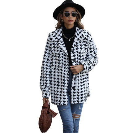 Wholesale Women's Long-Sleeve Houndstooth Mid-Length Flannel Coat