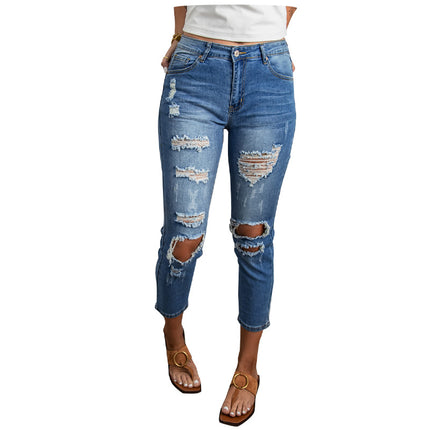 Wholesale Women's Casual Frayed High Waist Crop Pants Ripped Jeans