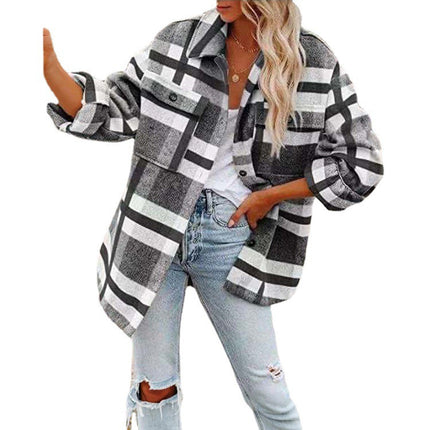 Wholesale Women's Fall/Winter Long-sleeved Lapel Plaid Thick Wool Coat