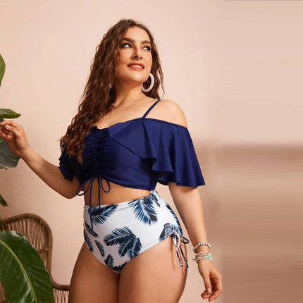 Wholesale Women's Plus Size Drawstring Ruffle Bikini Off Shoulder Split Swimsuit
