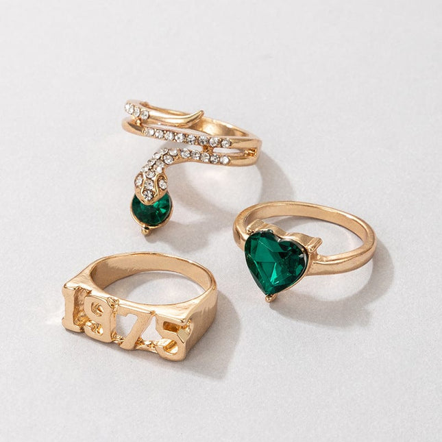 Wholesale Simulated Emerald Rhinestone Heart Trio Ring Set