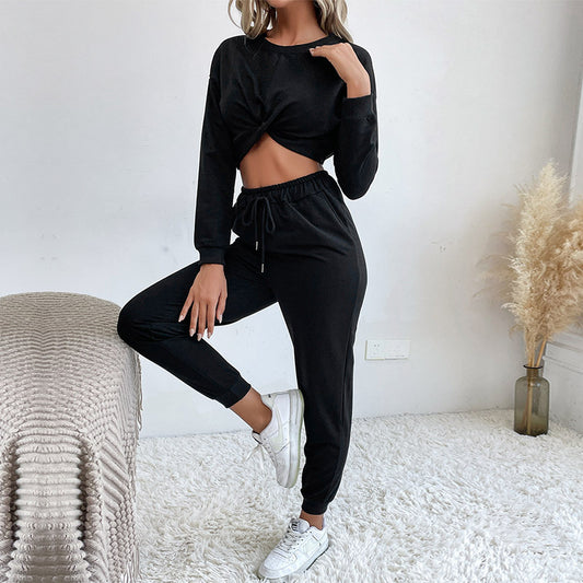 Fall Women's Short Knotted Casual Hoodies Jogger Two-piece Set