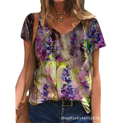 Wholesale Ladies Plus Size Floral Print Ladies Short Sleeve T-Shirt