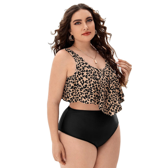 Bikini-Leoparden-Print Rüschen Übergroßer zweiteiliger Badeanzug