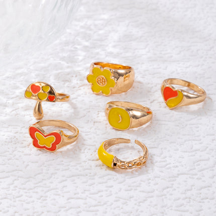 Colorful Oil Drip Butterfly Flower Set of Six Rings