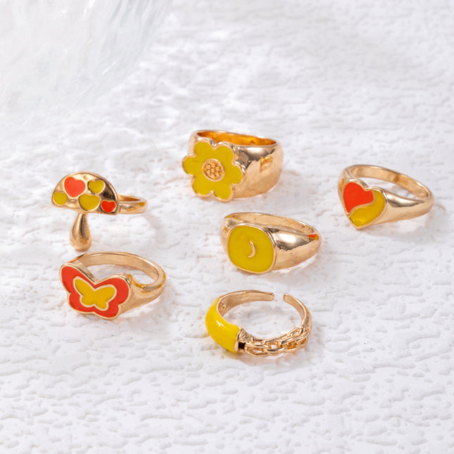 Colorful Oil Drip Butterfly Flower Set of Six Rings