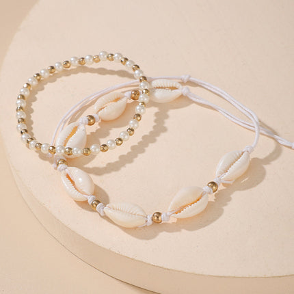 Shell and Pearl Beaded Two-Tier Anklet Set