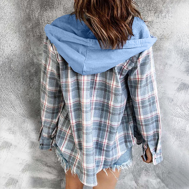 Hooded Single Breasted Check Women's Blouse Jacket
