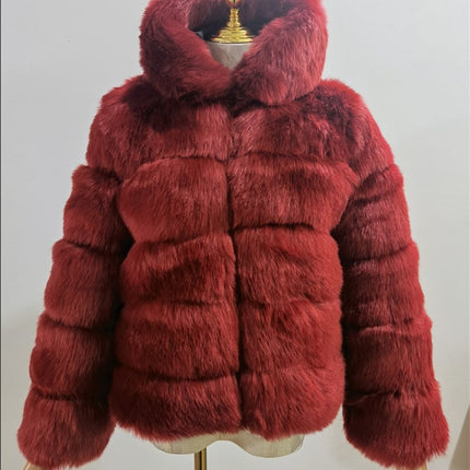 Wholesale Women's Faux Fur Fox Fur Hooded Mid Length Fur Zipper Jacket