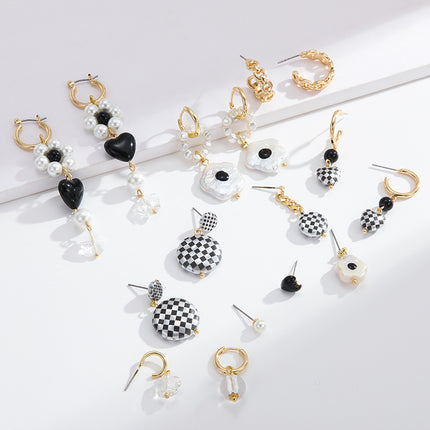 Wholesale Fashion Black and White Oil Drip Pearl Full Earrings Set