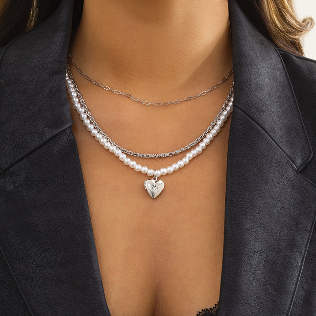 Großhandelsrhinestone-Herz-Perlen-Halsketten-Metallschlüsselbein-Halskette