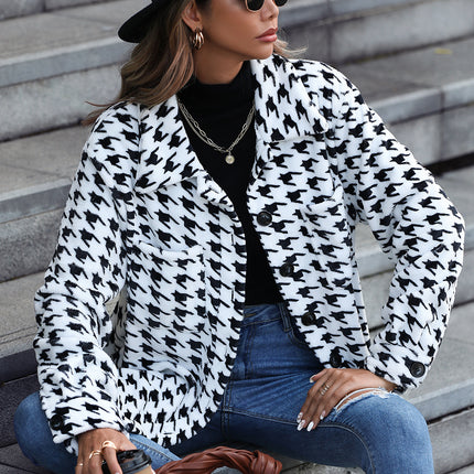 Wholesale Women's Long-Sleeve Houndstooth Mid-Length Flannel Coat