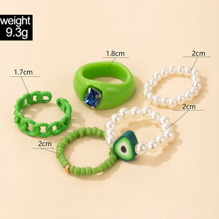 Wholesale Fashion Avocado Pearl Beaded Resin Ring Five Pieces