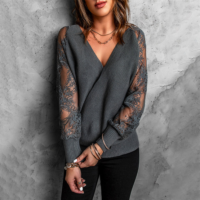 Wholesale Ladies V Neck Lace Hollow Long Sleeve Knitted Sweater Top