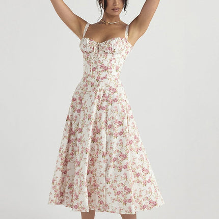 Sommer Damen Blumenspitze rückenfreies High Slit Sling Kleid